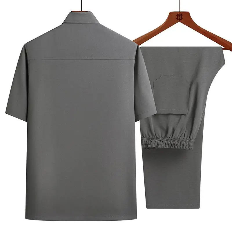 Men Ice Silk Short Sleeve Shirt Navy Blue Elderly Summer - Image 10