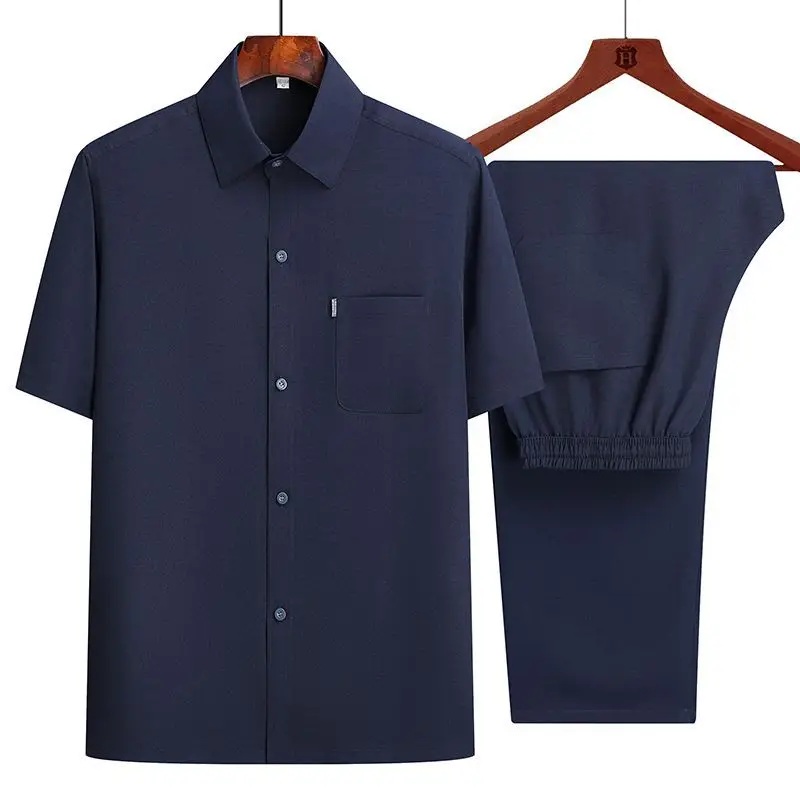 Men Ice Silk Short Sleeve Shirt Navy Blue Elderly Summer - Image 12