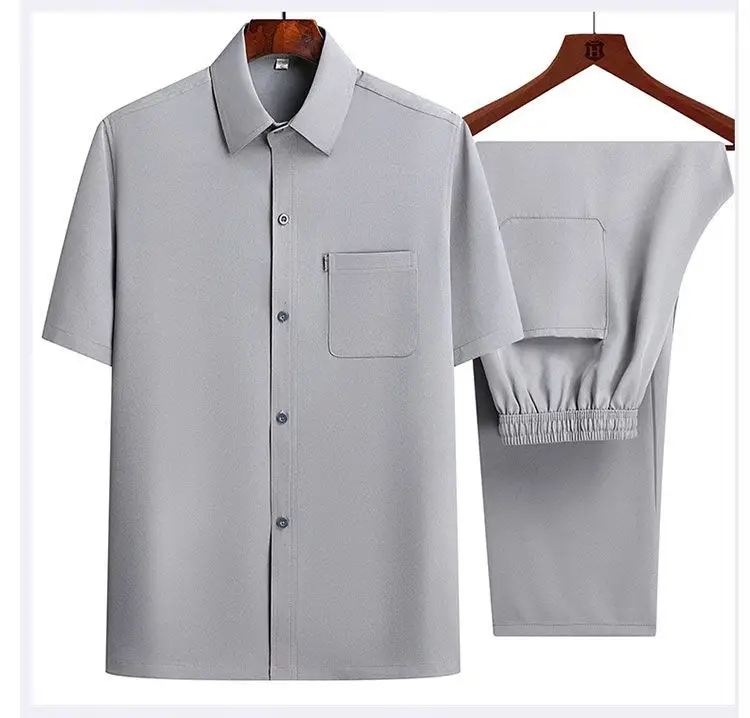 Men Ice Silk Short Sleeve Shirt Navy Blue Elderly Summer — feature 10