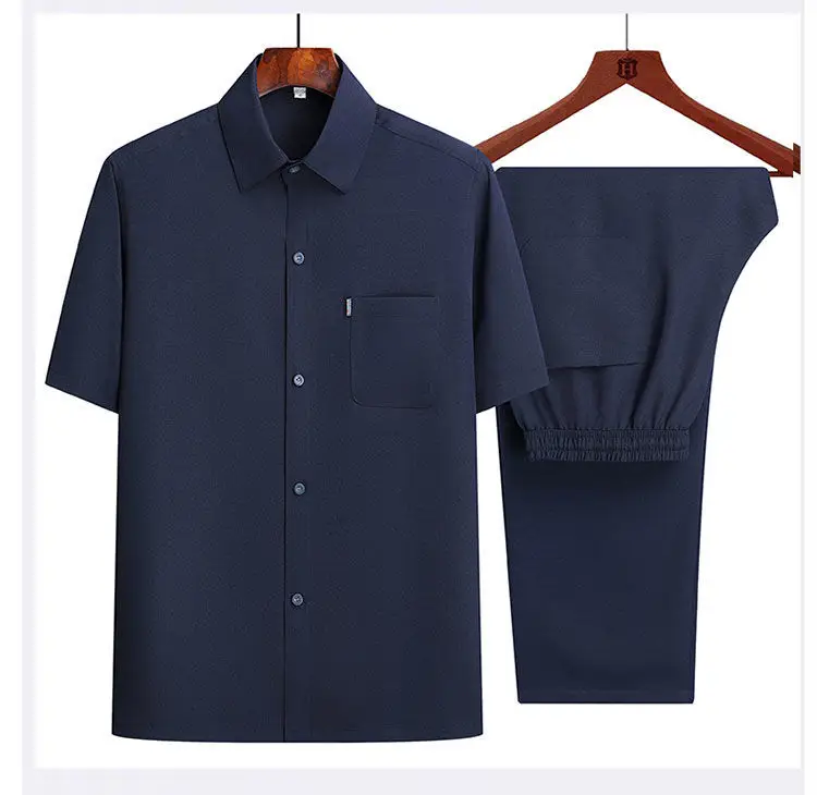 Men Ice Silk Short Sleeve Shirt Navy Blue Elderly Summer — feature 11