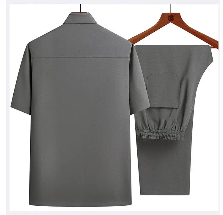 Men Ice Silk Short Sleeve Shirt Navy Blue Elderly Summer — feature 9