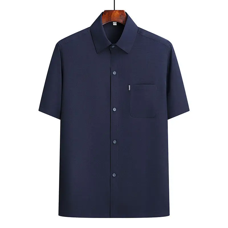Men Ice Silk Short Sleeve Shirt Navy Blue Elderly Summer - Image 3