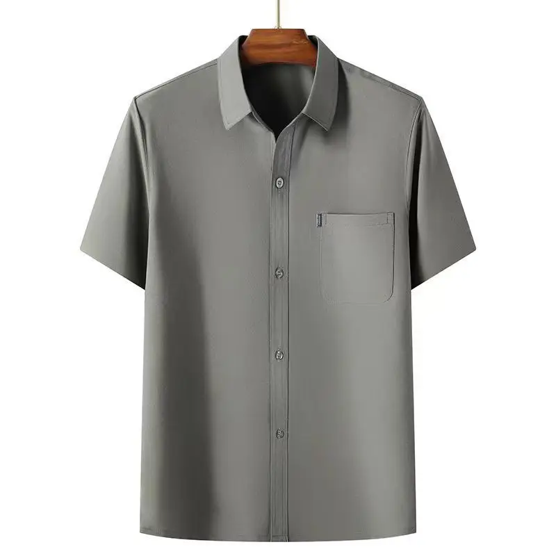 Men Ice Silk Short Sleeve Shirt Navy Blue Elderly Summer - Image 4
