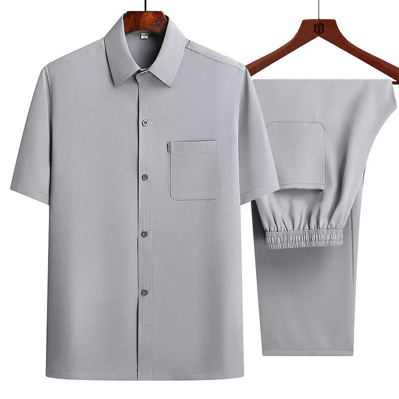Men Ice Silk Short Sleeve Shirt Navy Blue Elderly Summer - Image 6