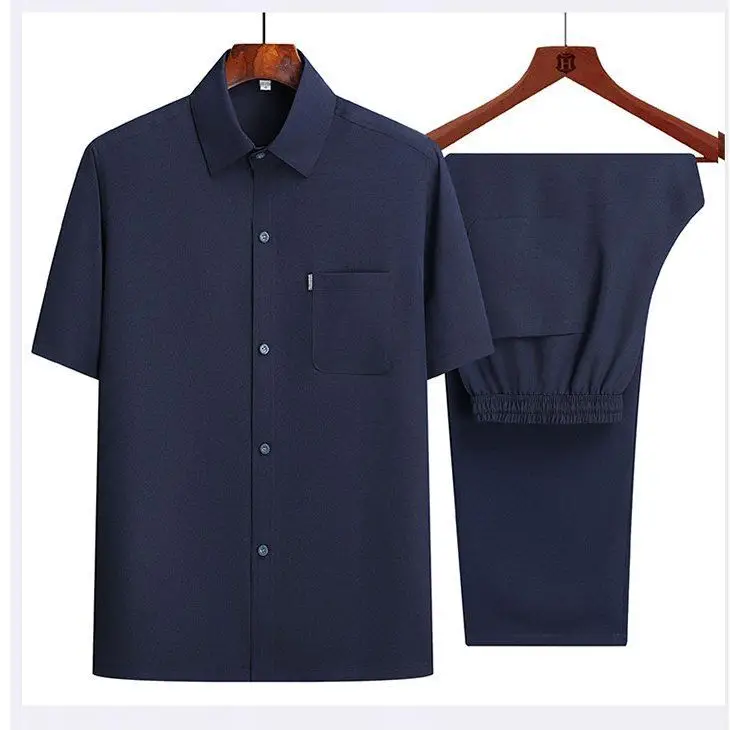 Men Ice Silk Short Sleeve Shirt Navy Blue Elderly Summer - Image 7