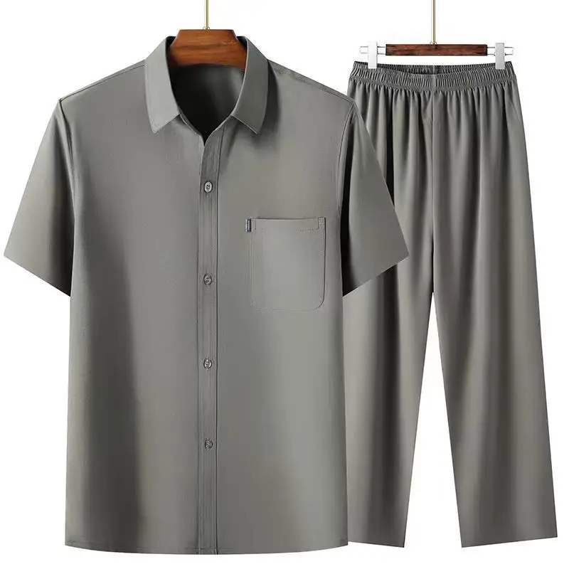 Men Ice Silk Short Sleeve Shirt Navy Blue Elderly Summer - Image 8