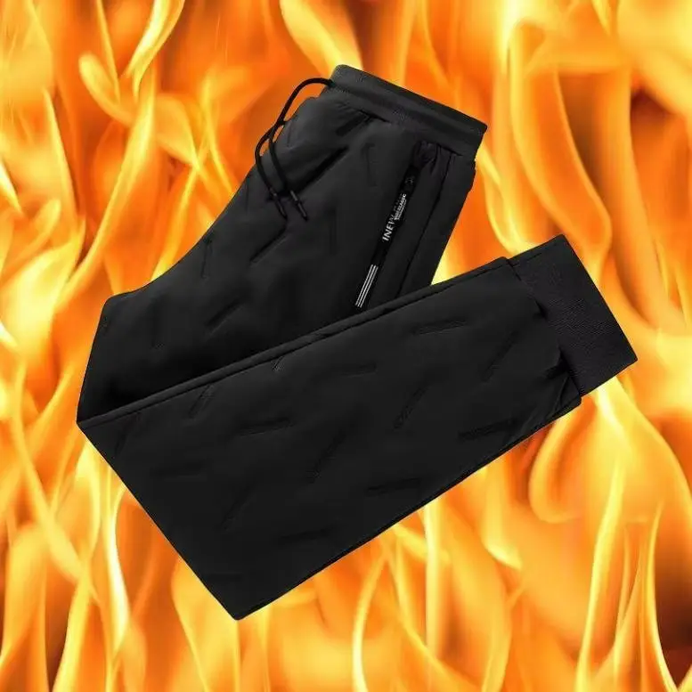 Men Black Cotton Loose Fit Pants Winter Warm - Image 3