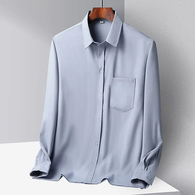 Middle-aged Men Ice Silk Long Sleeve Shirt Grey - Image 2