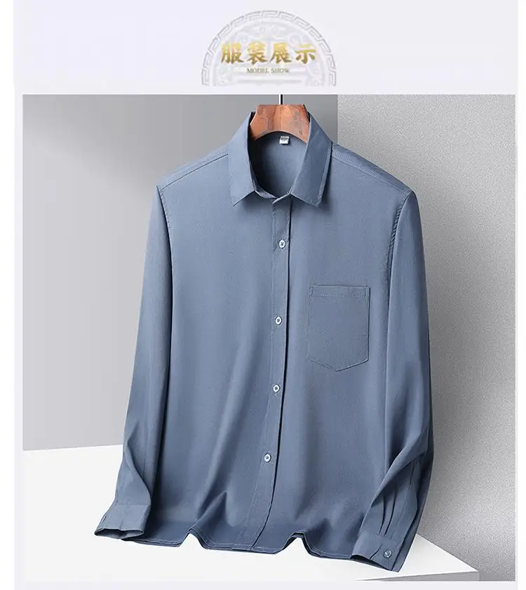 Middle-aged Men Ice Silk Long Sleeve Shirt Grey — feature 8