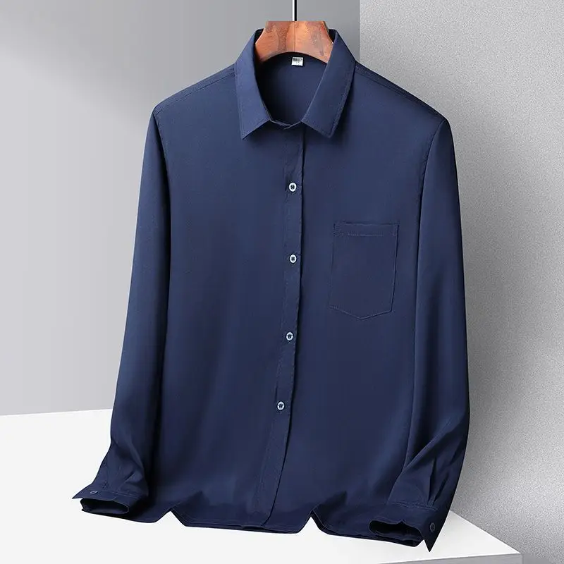Middle-aged Men Ice Silk Long Sleeve Shirt Grey - Image 5