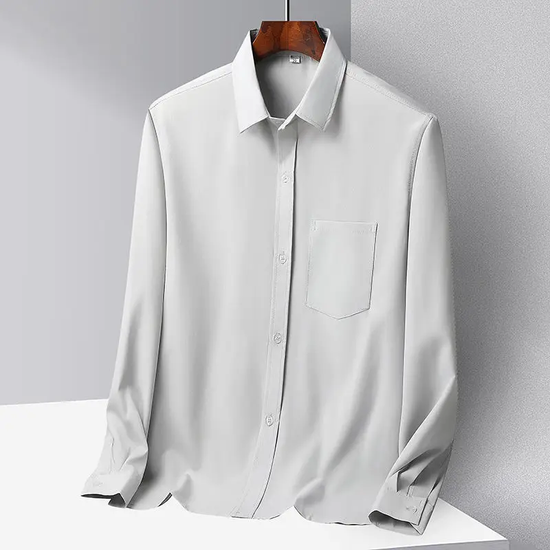 Middle-aged Men Ice Silk Long Sleeve Shirt Grey - Image 6