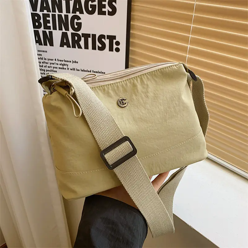 Beige Nylon Crossbody Bag with Adjustable Strap
