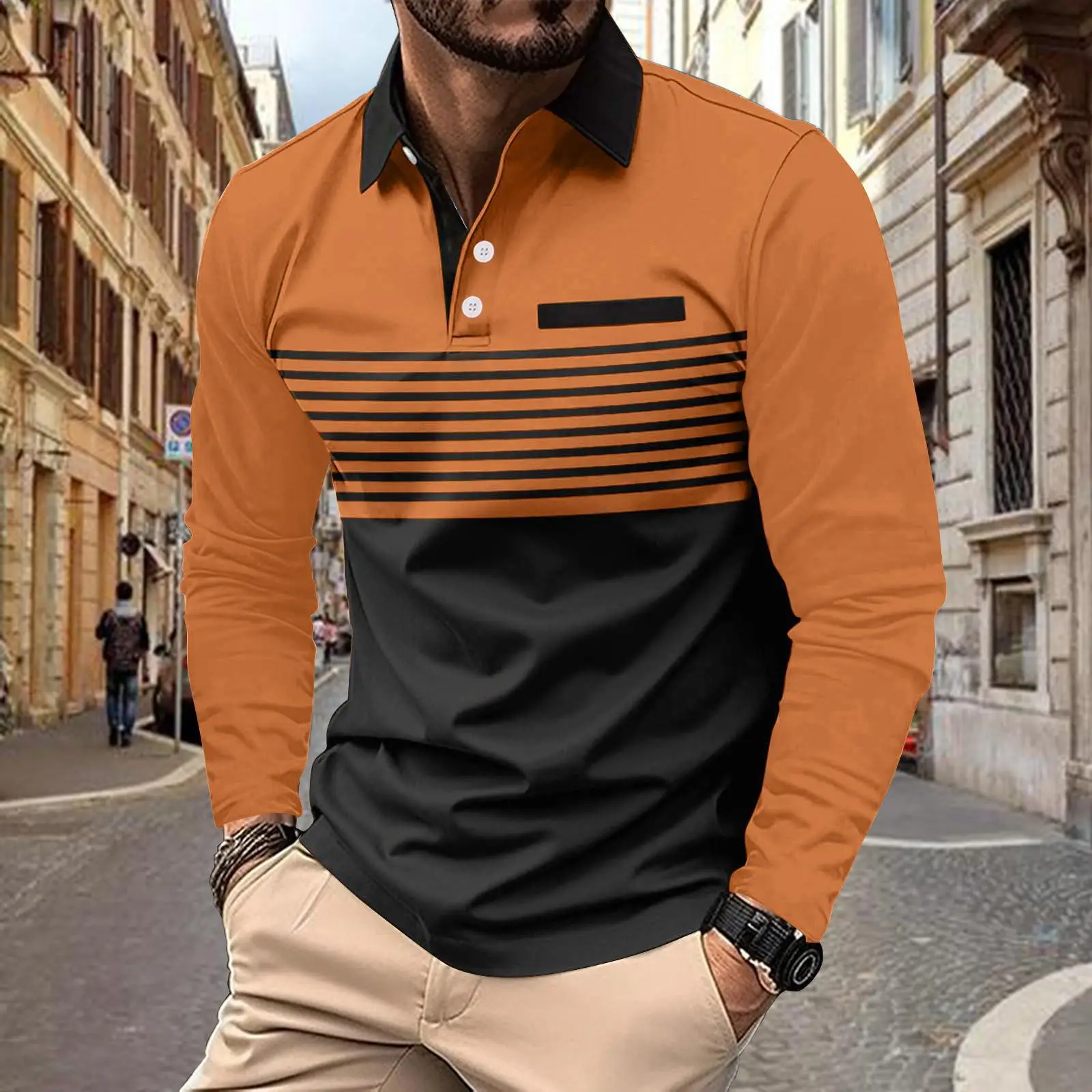 Men's European Polo Shirt Beige Black Striped 2024 Spring