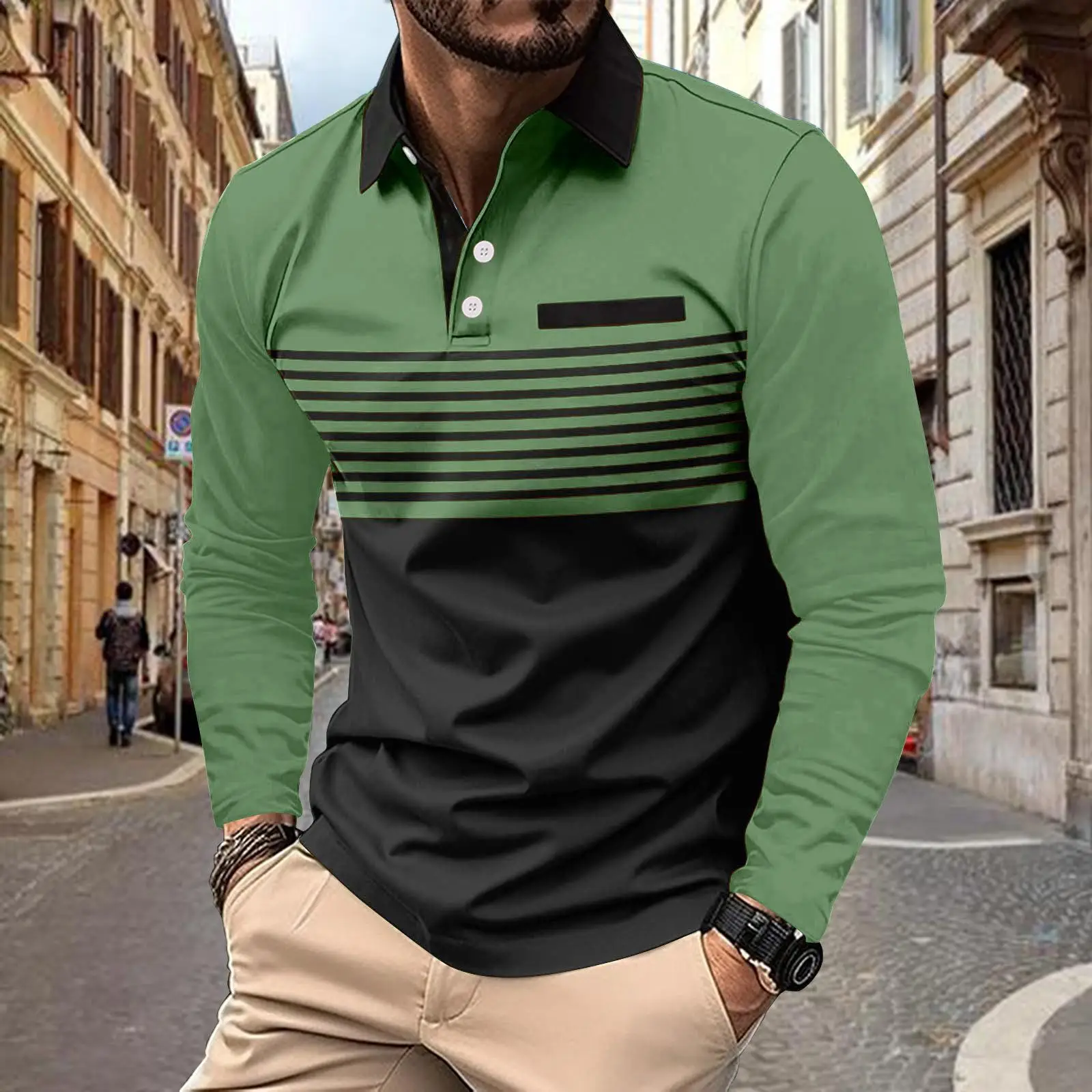 Men's European Polo Shirt Beige Black Striped 2024 Spring