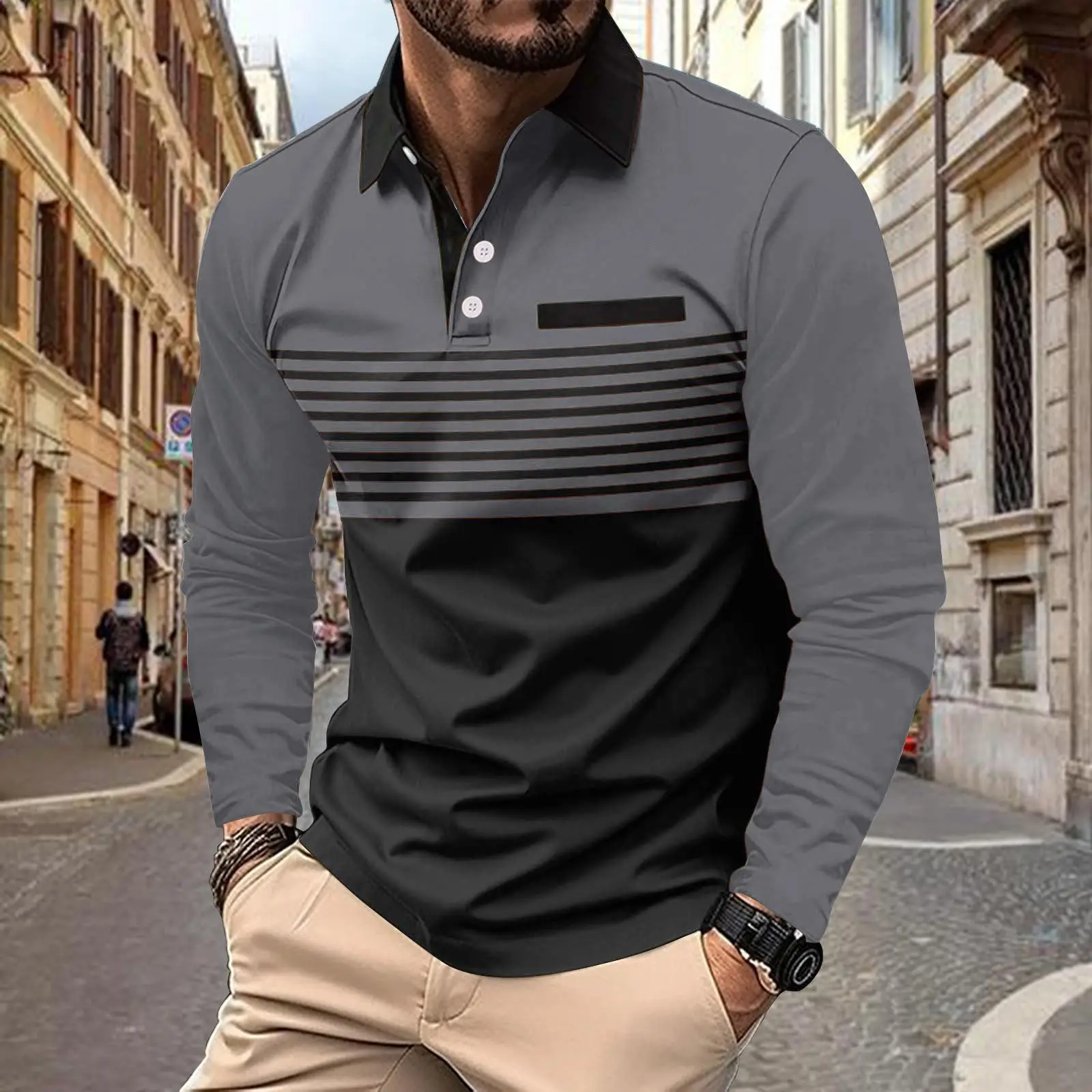 Men's European Polo Shirt Beige Black Striped 2024 Spring