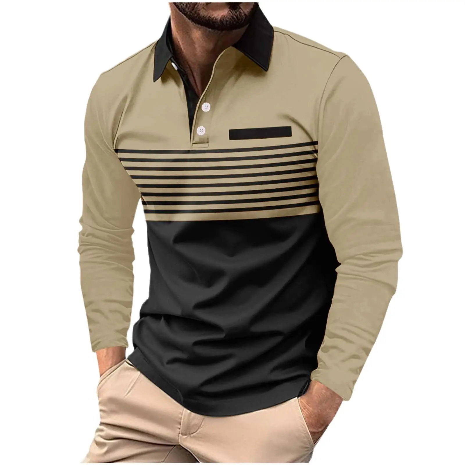 Men's European Polo Shirt Beige Black Striped 2024 Spring
