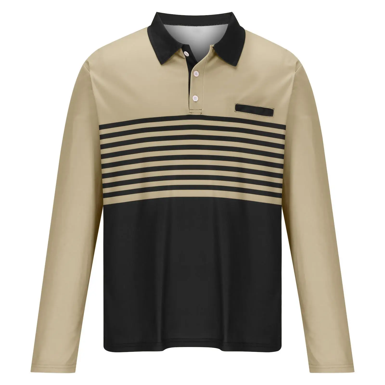Men's European Polo Shirt Beige Black Striped 2024 Spring — feature 8