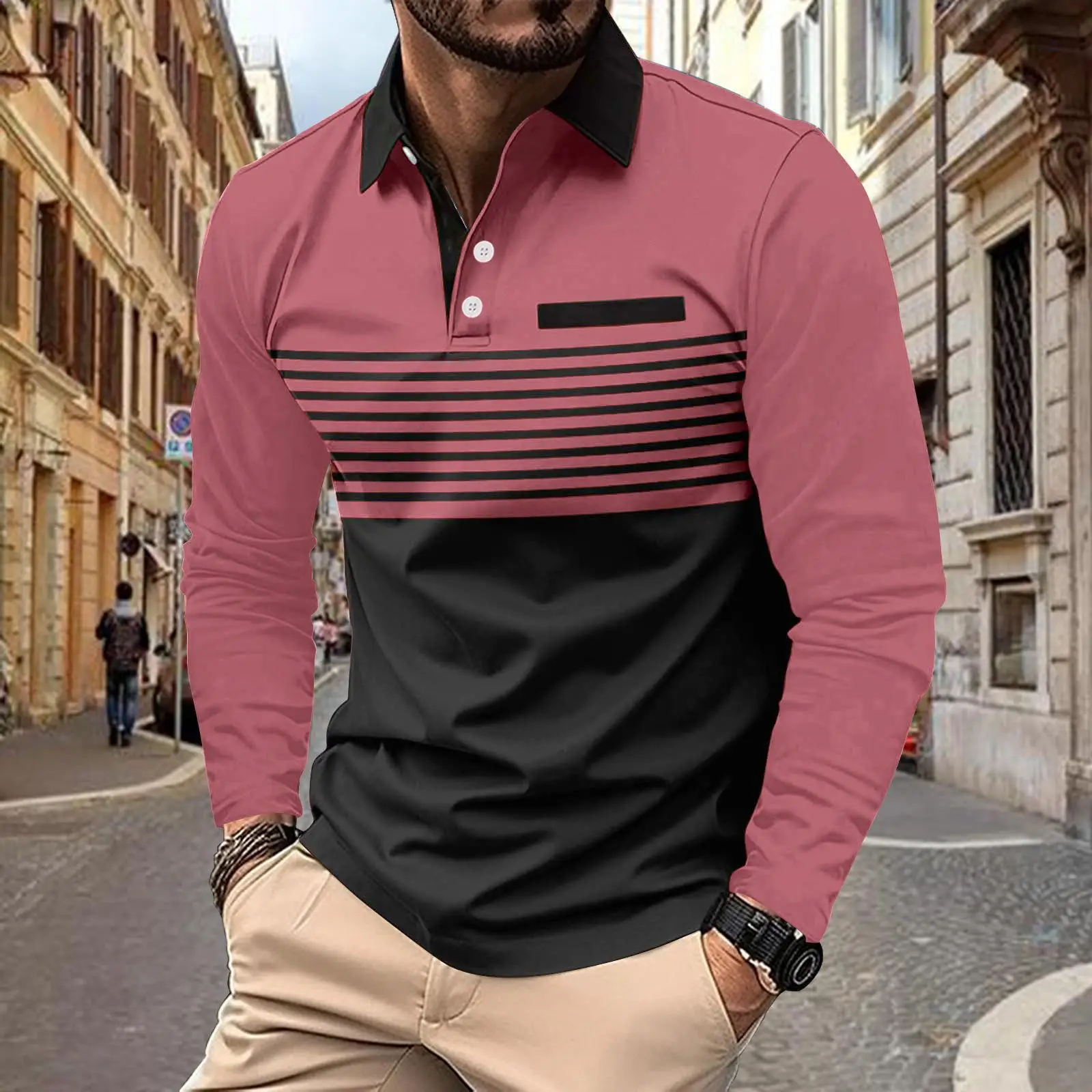 Men's European Polo Shirt Beige Black Striped 2024 Spring