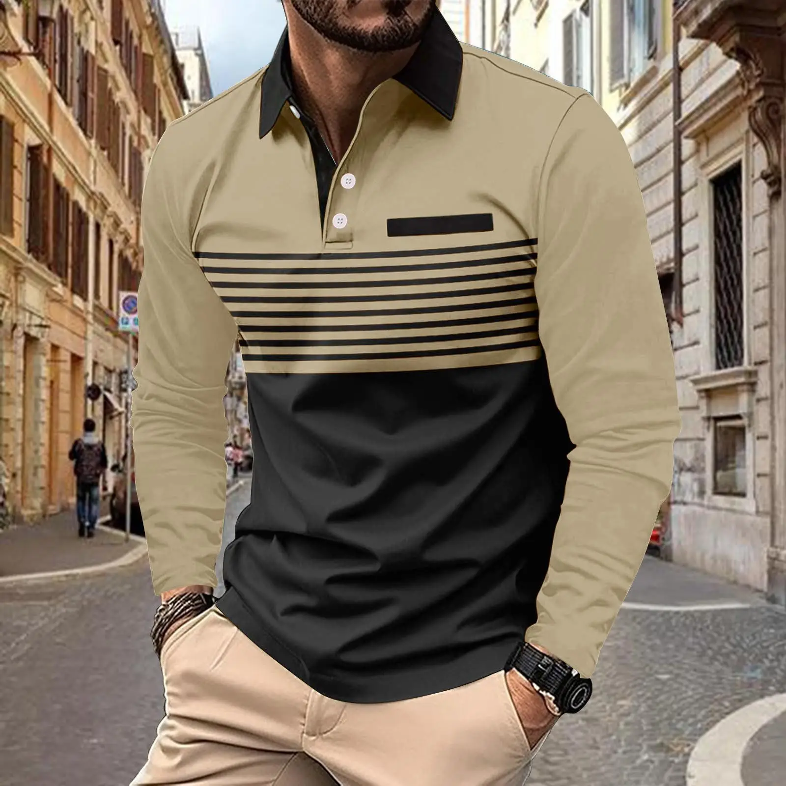 Men's European Polo Shirt Beige Black Striped 2024 Spring