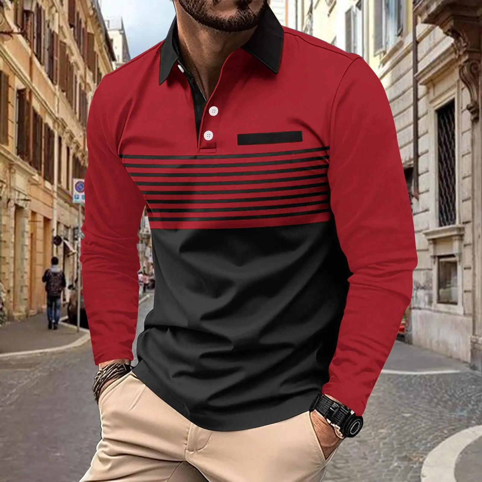 Men's European Polo Shirt Beige Black Striped 2024 Spring