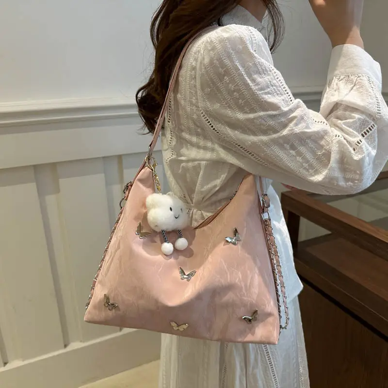 Pink Embroidered Women's Tote Bag with Butterfly Design - Image 9