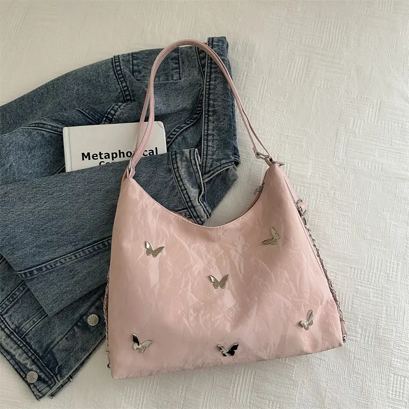 Pink Embroidered Women's Tote Bag with Butterfly Design - Image 2