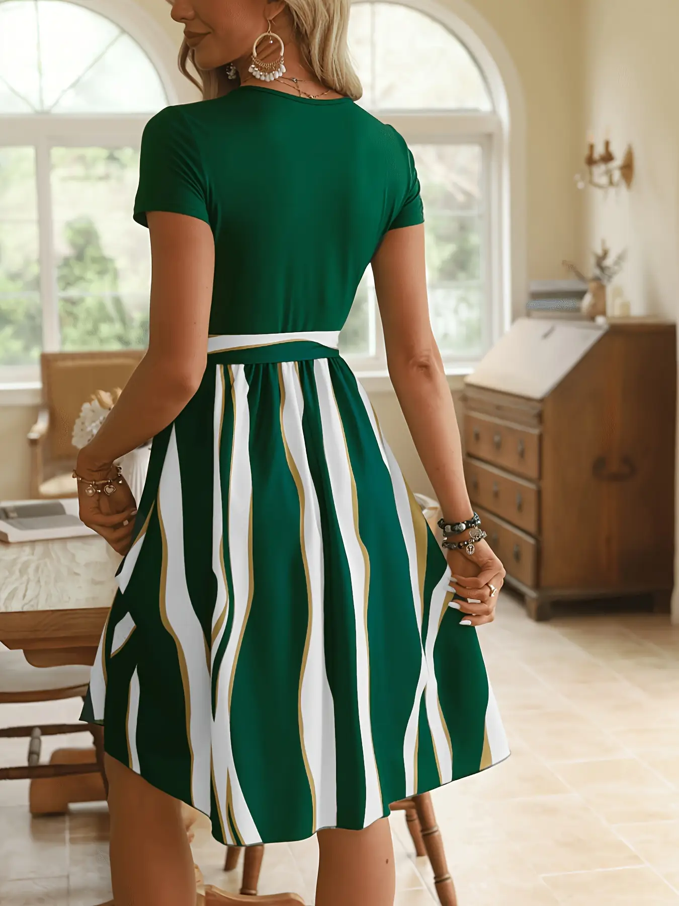 Green Striped Belted Belted Dress for Women - Image 9