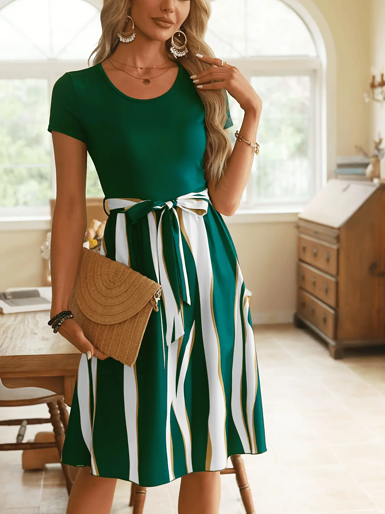 Green Striped Belted Belted Dress for Women - Image 10