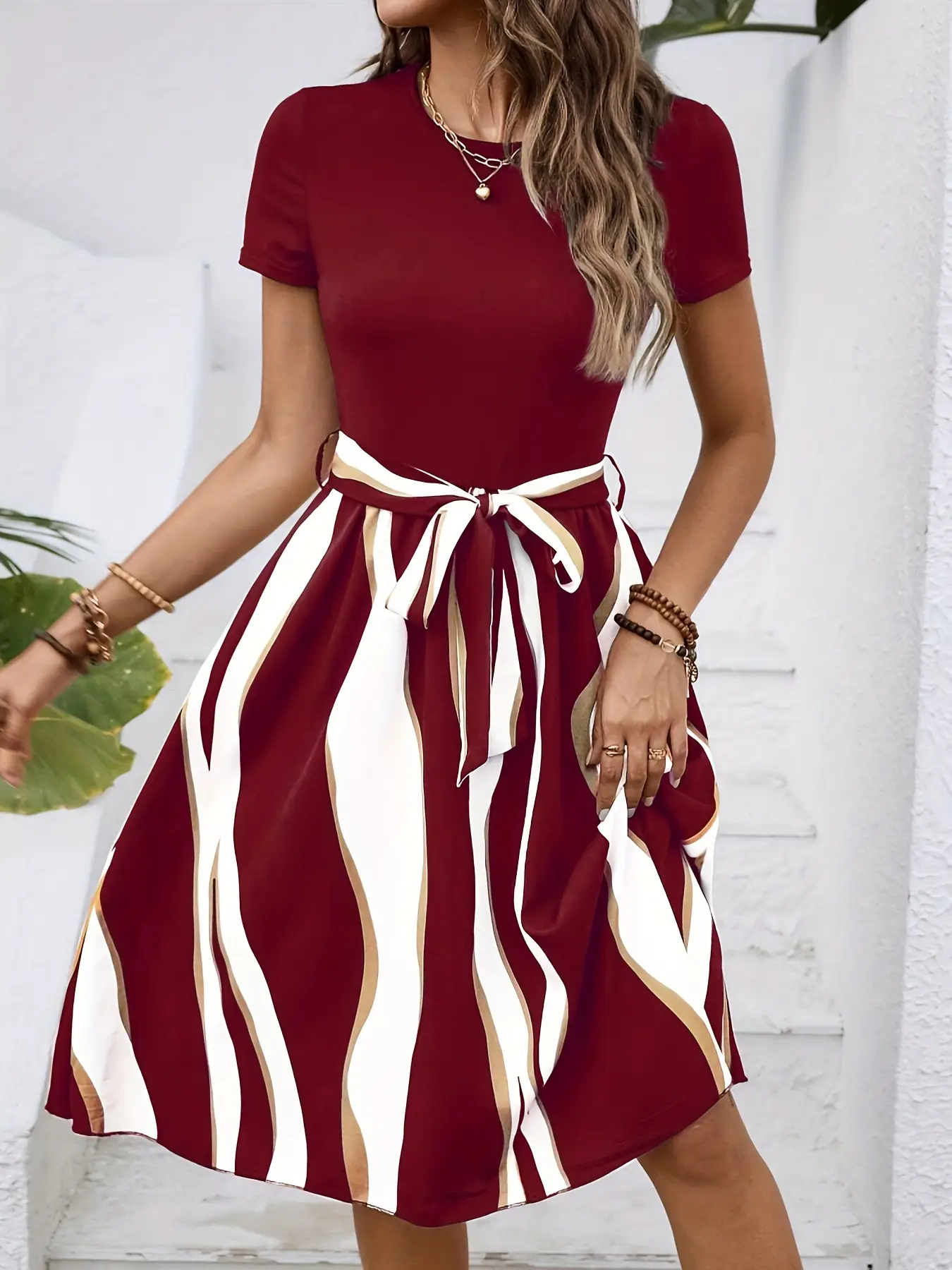 Green Striped Belted Belted Dress for Women — feature 10