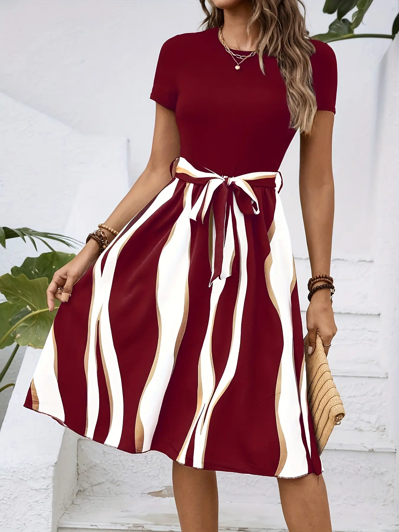 Green Striped Belted Belted Dress for Women — feature 11