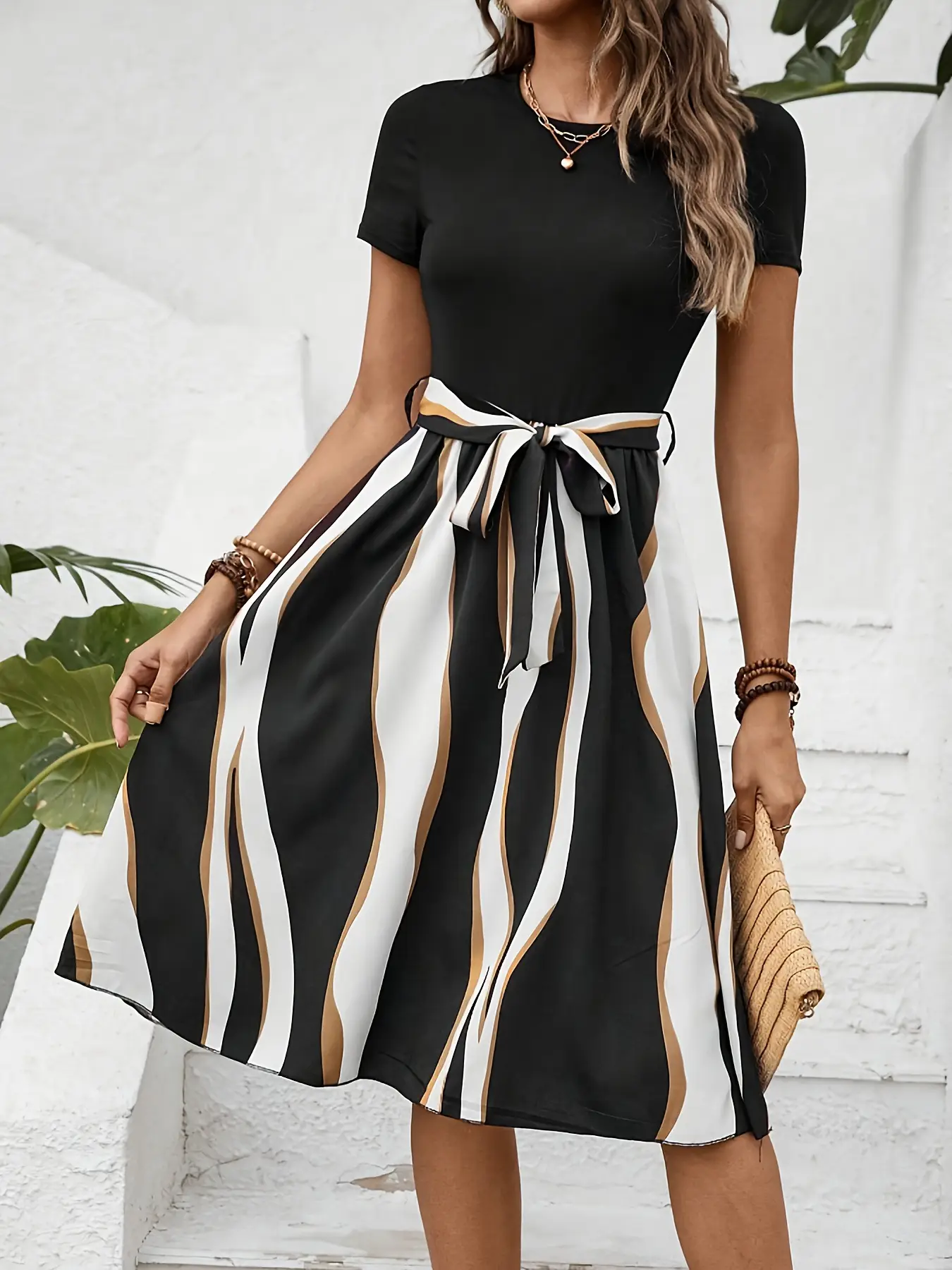 Green Striped Belted Belted Dress for Women — feature 14