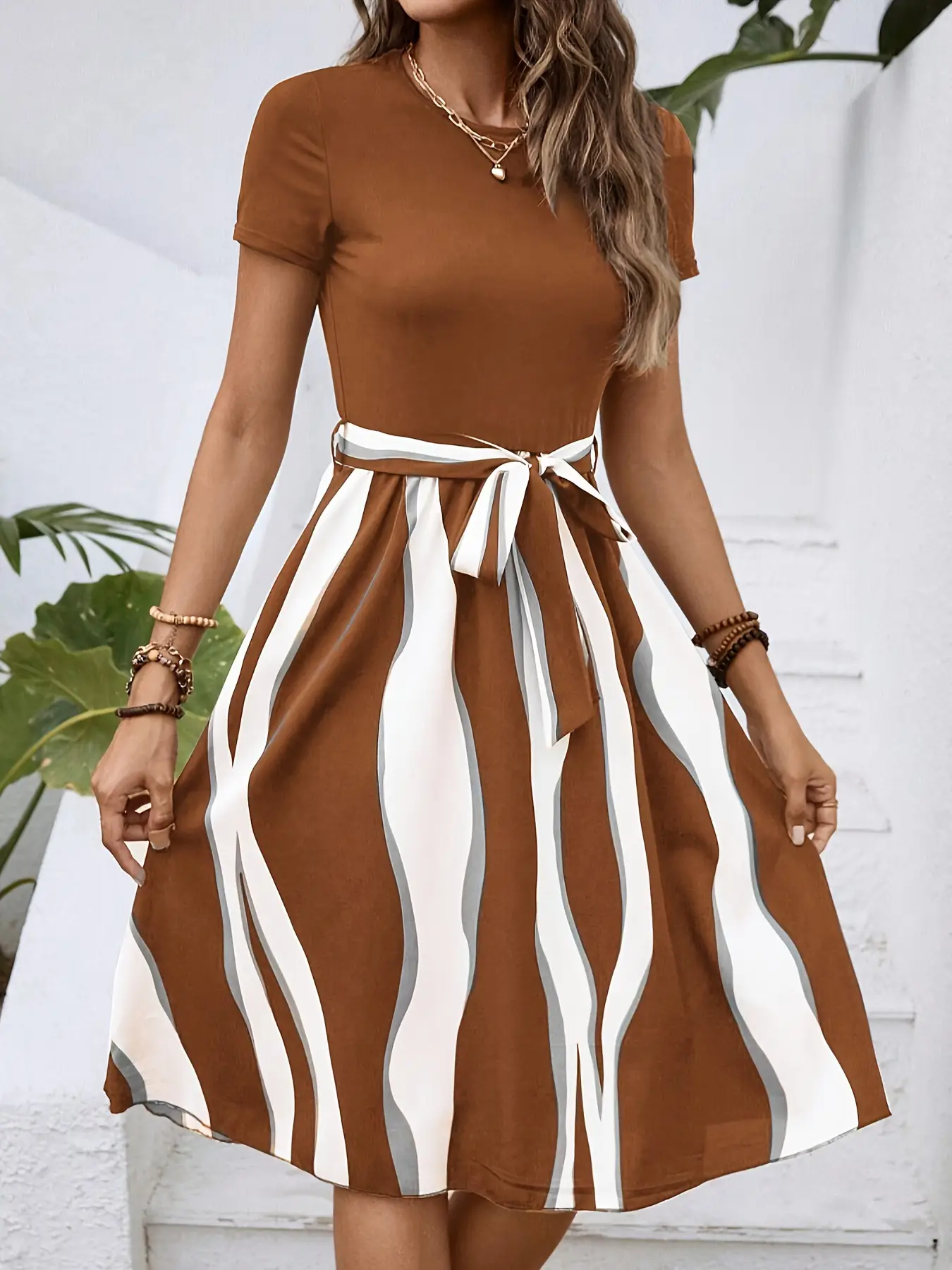 Green Striped Belted Belted Dress for Women — feature 21