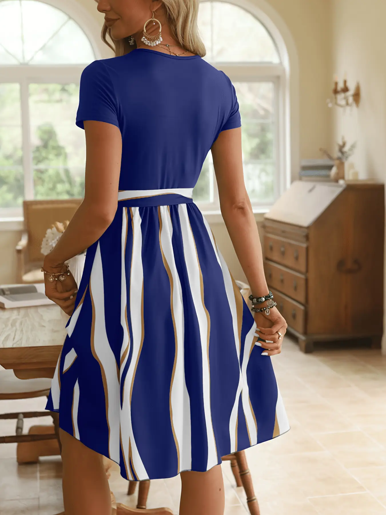 Green Striped Belted Belted Dress for Women — feature 28