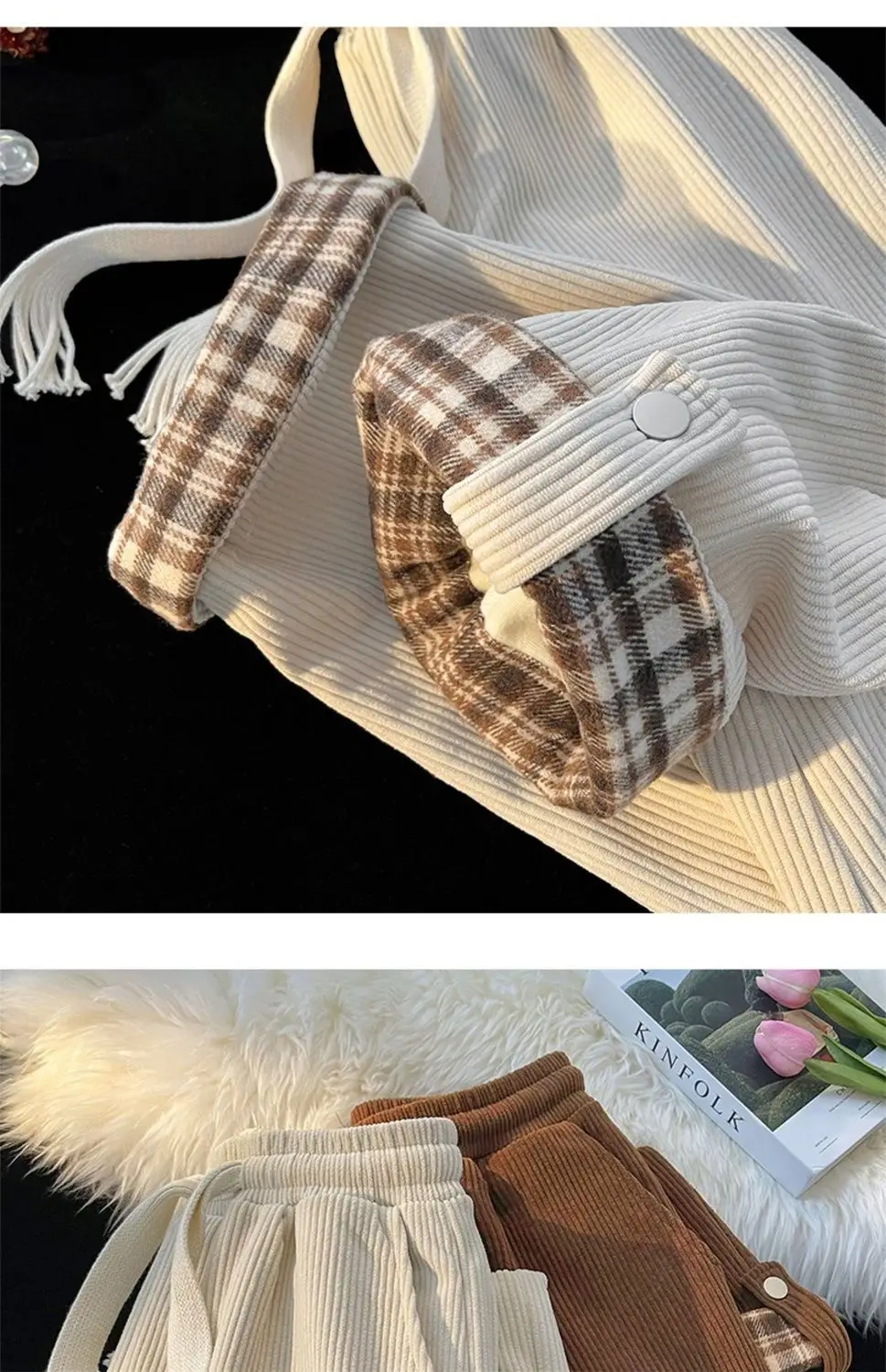 Men's Plaid Spring Autumn Waistcoat Pants Brown White — feature 11