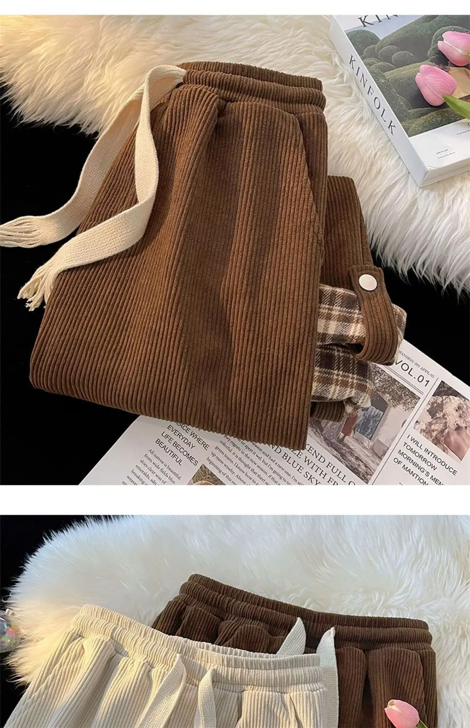 Men's Plaid Spring Autumn Waistcoat Pants Brown White — feature 13