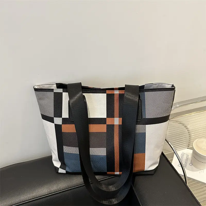 Women's Large Plaid Check Bag Shoulder Commuter Tote - Image 4