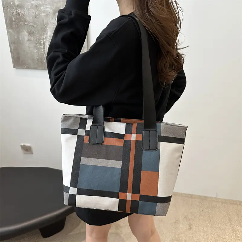 Women's Large Plaid Check Bag Shoulder Commuter Tote - Image 6