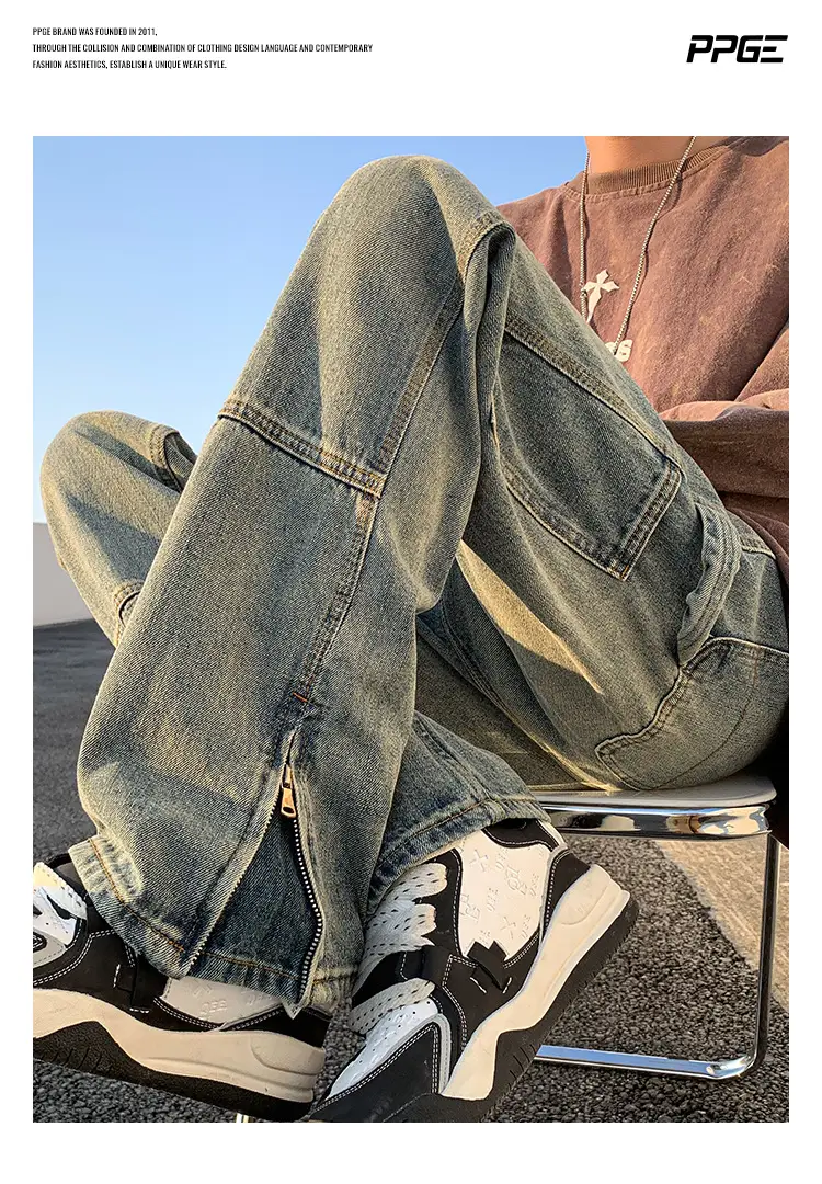 Men's Washed American Style Loose Straight Tube Split Jeans — feature 15