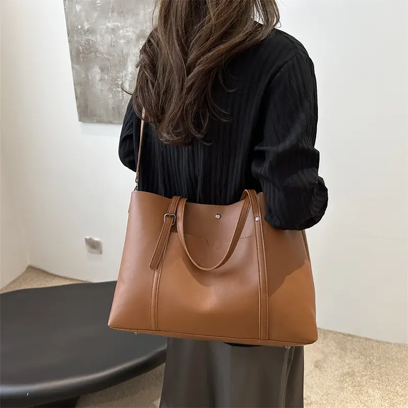 Vintage Textured Shoulder Bag Brown Large Capacity - Image 7