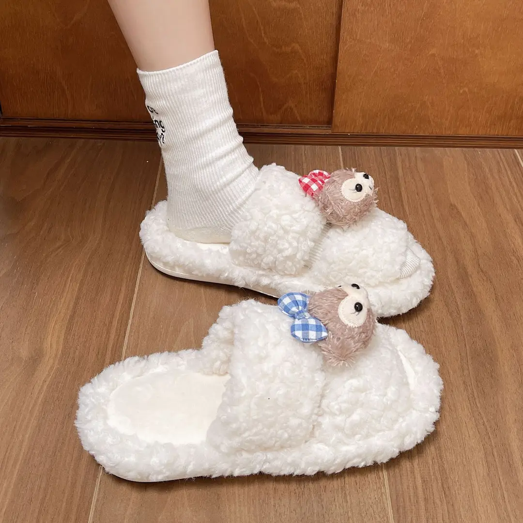 Autumn and winter cute cartoon plush warm home indoor cotton slippers women's one word non-slip fluffy slippers women's winter