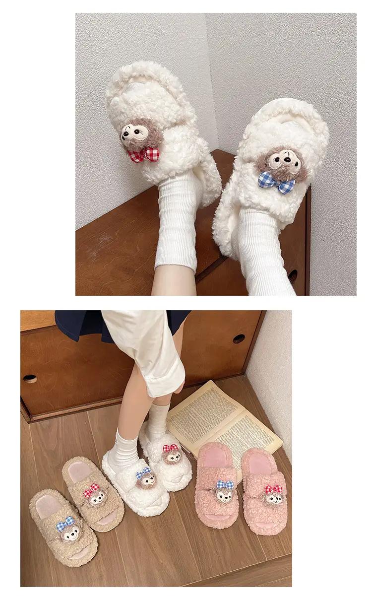 Autumn and winter cute cartoon plush warm home indoor cotton slippers women's one word non-slip fluffy slippers women's winter — feature 10