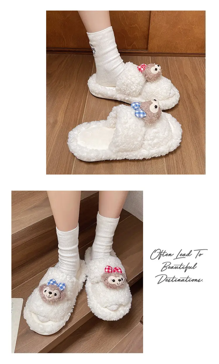 Autumn and winter cute cartoon plush warm home indoor cotton slippers women's one word non-slip fluffy slippers women's winter — feature 11
