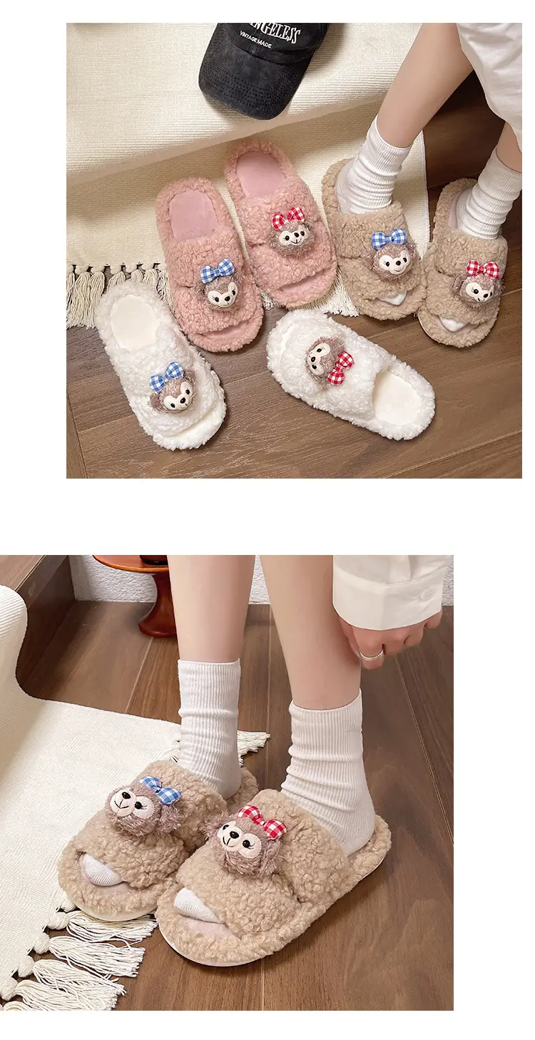Autumn and winter cute cartoon plush warm home indoor cotton slippers women's one word non-slip fluffy slippers women's winter — feature 12