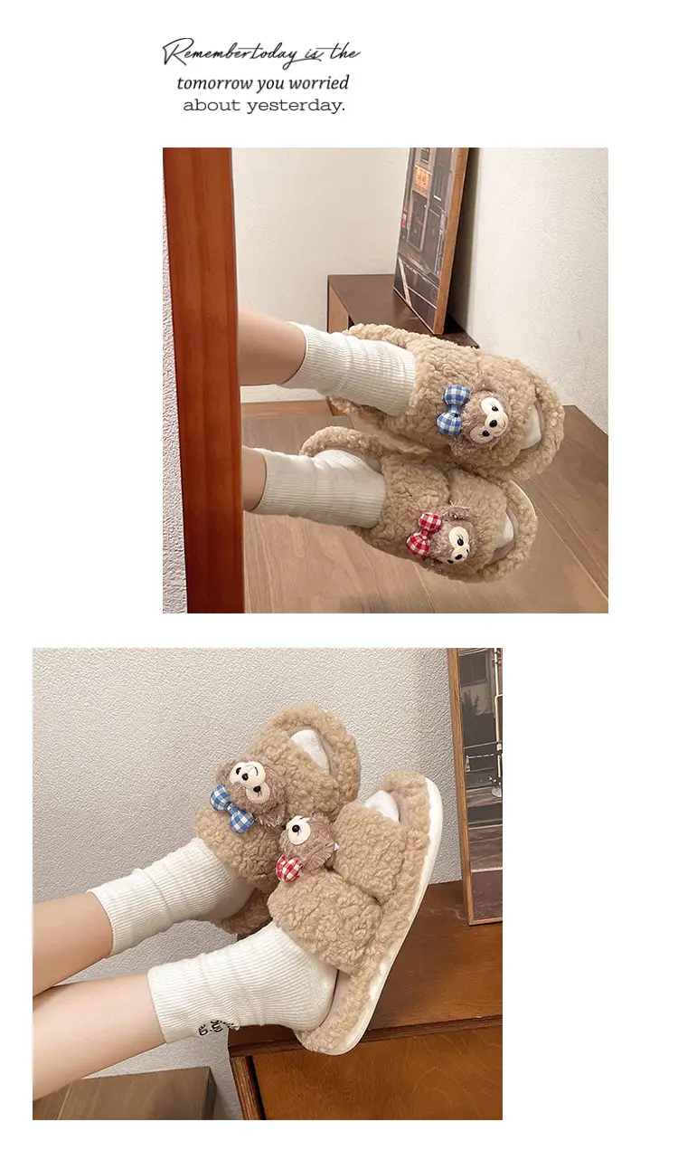 Autumn and winter cute cartoon plush warm home indoor cotton slippers women's one word non-slip fluffy slippers women's winter — feature 13