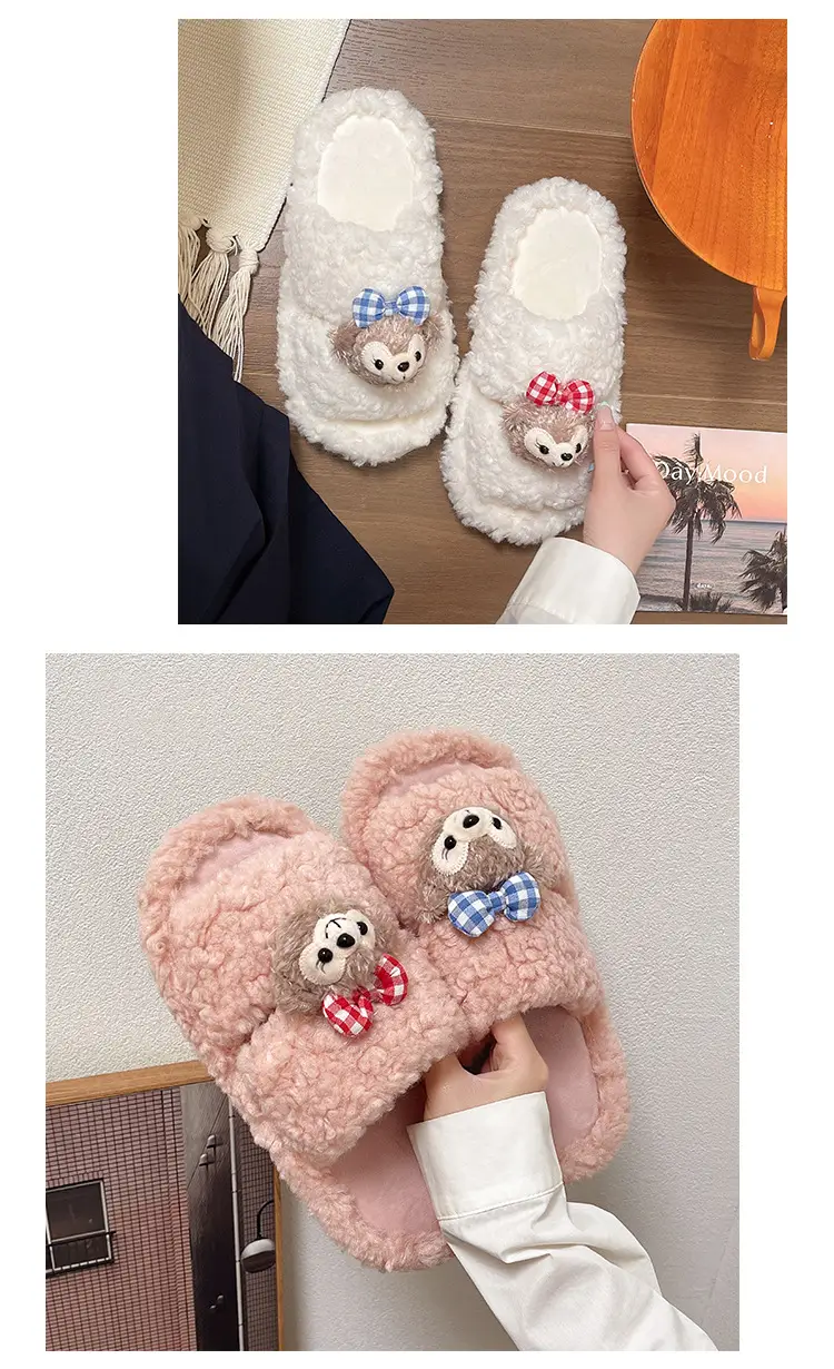 Autumn and winter cute cartoon plush warm home indoor cotton slippers women's one word non-slip fluffy slippers women's winter — feature 14