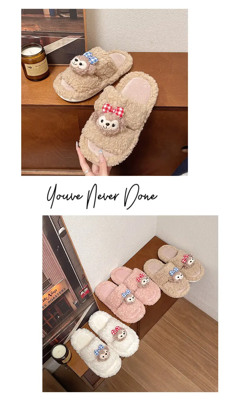 Autumn and winter cute cartoon plush warm home indoor cotton slippers women's one word non-slip fluffy slippers women's winter — feature 15