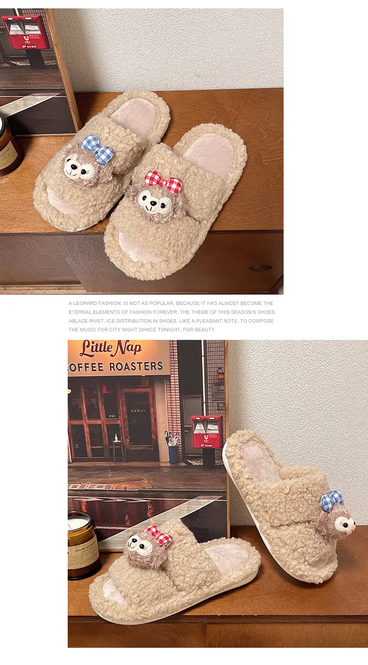 Autumn and winter cute cartoon plush warm home indoor cotton slippers women's one word non-slip fluffy slippers women's winter — feature 16