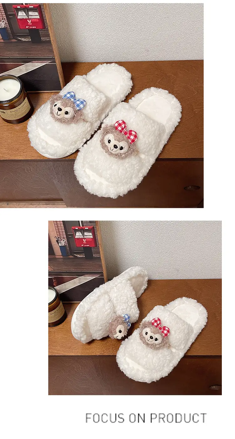 Autumn and winter cute cartoon plush warm home indoor cotton slippers women's one word non-slip fluffy slippers women's winter — feature 17