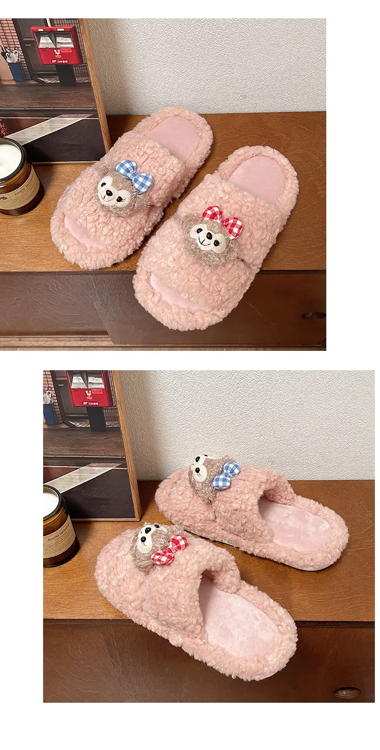 Autumn and winter cute cartoon plush warm home indoor cotton slippers women's one word non-slip fluffy slippers women's winter — feature 18
