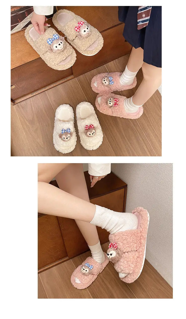 Autumn and winter cute cartoon plush warm home indoor cotton slippers women's one word non-slip fluffy slippers women's winter — feature 8